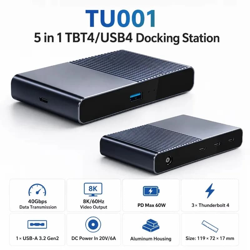 Thunderbolt 4/USB4 Docking Station 5-in-1 40Gbps 8K+60Hz 60W PD 10Gbps USB-A Hub Aluminum Housing in Stock