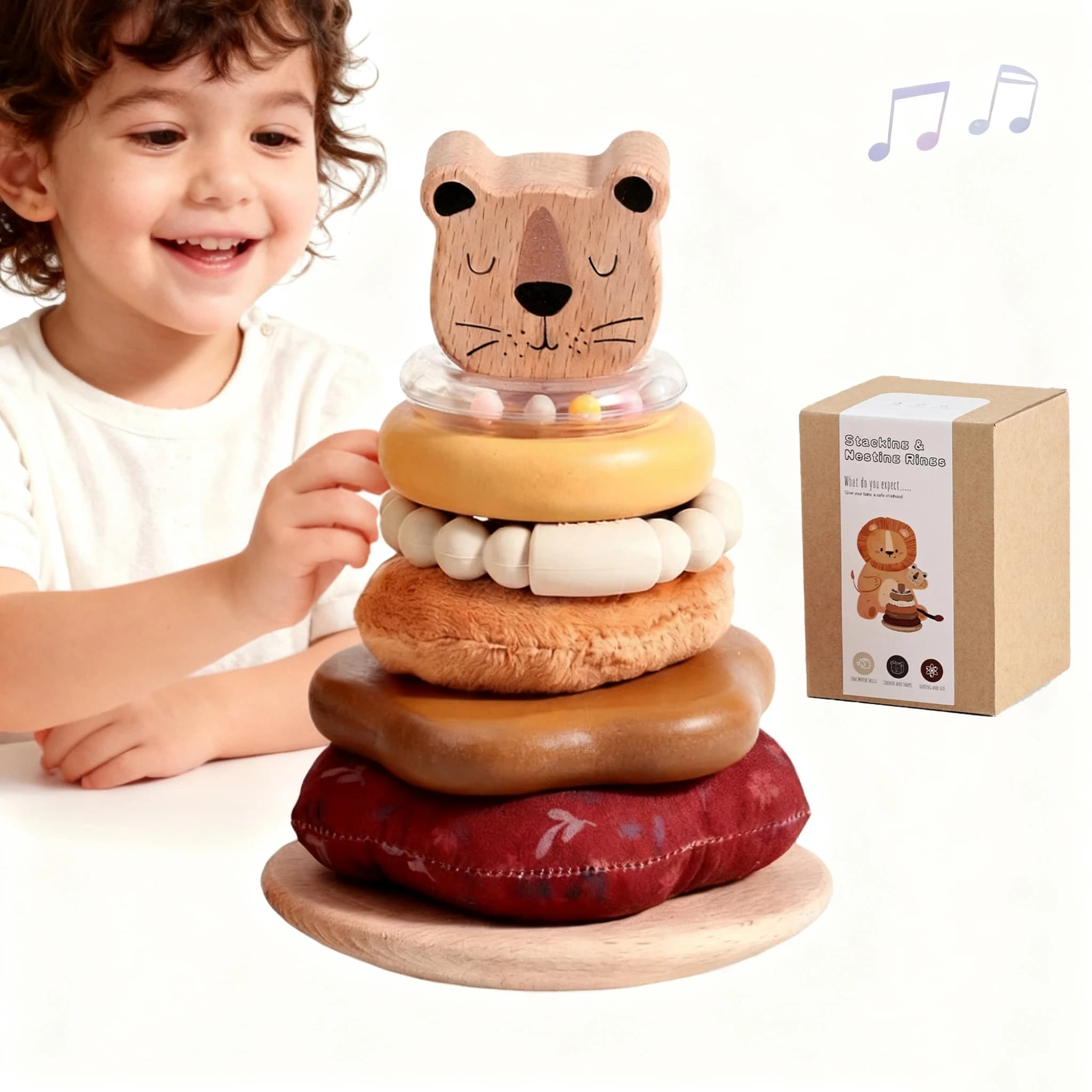 Cartoon Lion Baby Pole Stack Toy Gioco di costruzione Montessori in legno Morbido cotone Massaggiagengive per bambini Sonaglio Regali per bambini Giocattoli sensoriali
