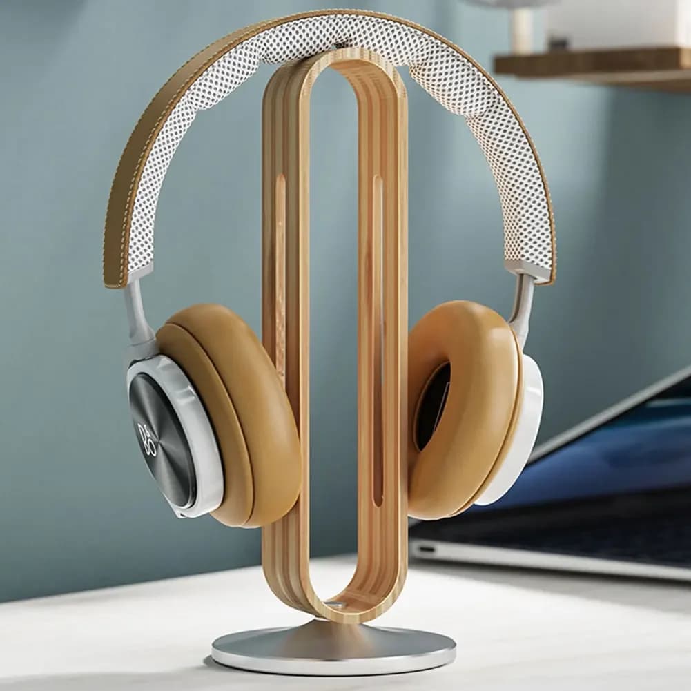 Gancio per cuffie creativo Legno di bambù Montaggio in alluminio Supporto per cuffie Espositore Organizzatore da tavolo Gancio per staffa verticale