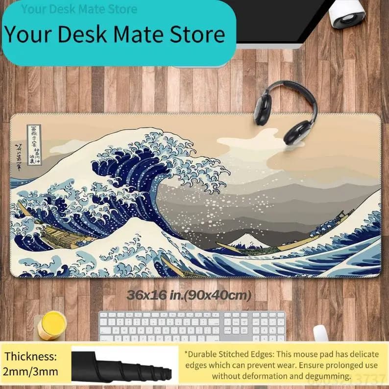 Tappetino per mouse con stampa The Great Wave Off Kanagawa, con bordo cucito, antiscivolo, per ufficio e gaming, 1 pezzo