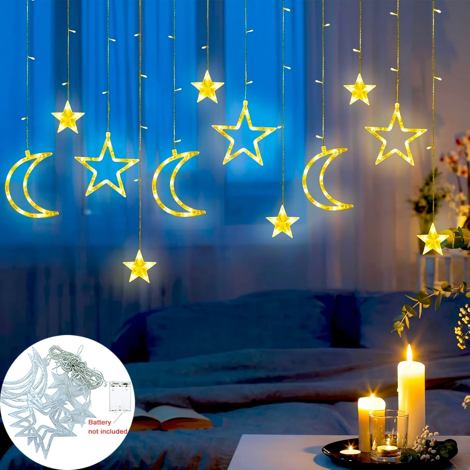 3.5m Star Moon LED Curtain String Light Battery Power Christmas Garland Fairy Lamp for Outdoor Garden Wedding Xmas NewYear Decor