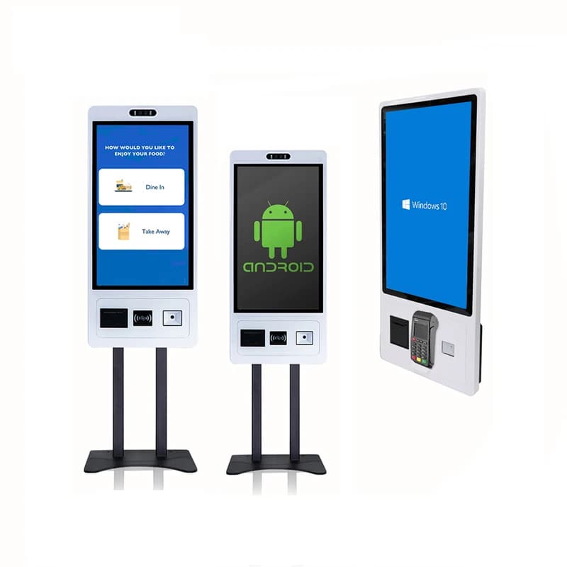 Stampante termica incorporata per chiosco touch screen da 21,5 23,8 27 pollici a 10 punti Scanner di codici 2D 1D da 80 mm/lettore di schede NFC/staffa POS