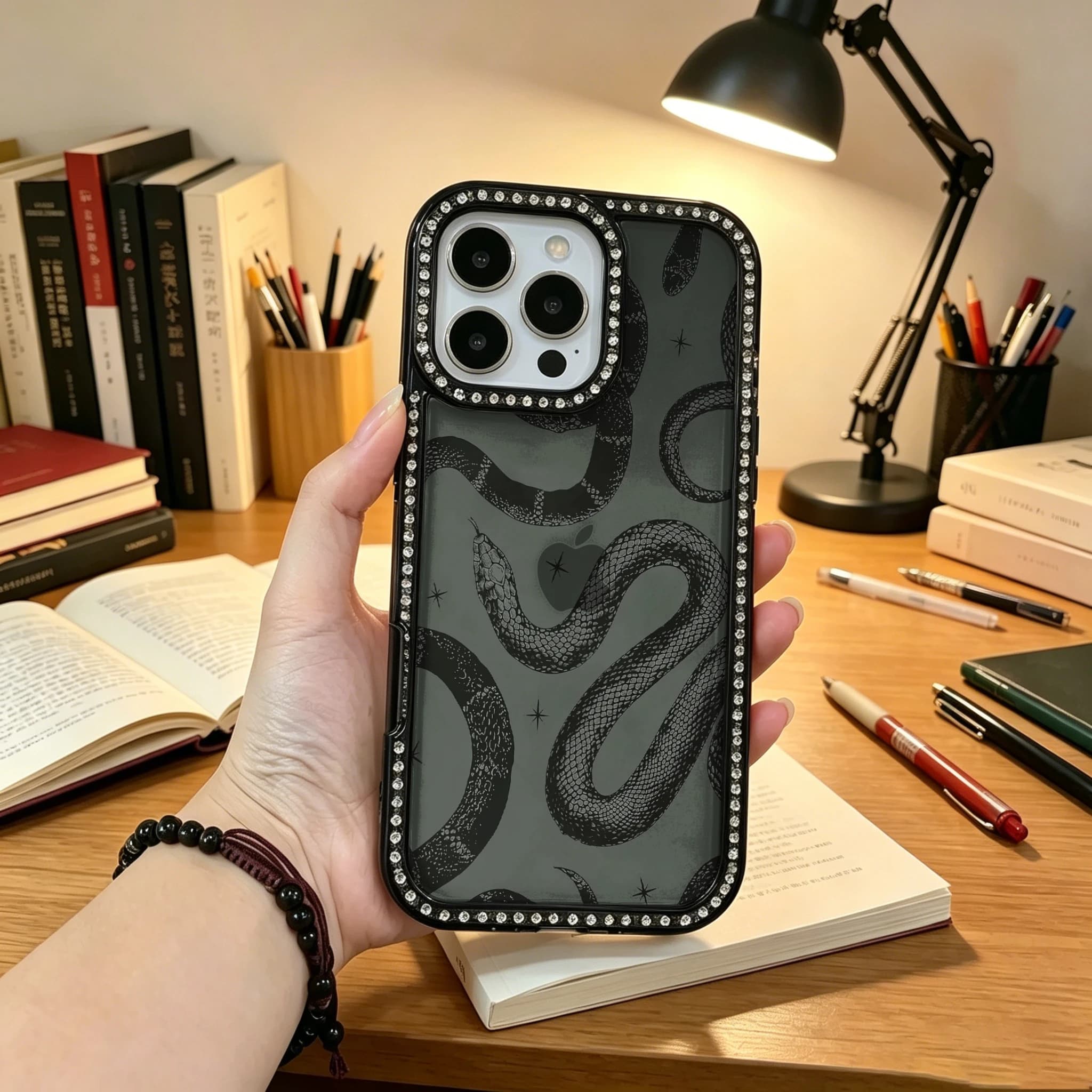 Fashion Double-Sided Bling Rhinestone 3-in-1 Phone Case, Luxury Rhinestone Phone Case, Vintage Snake Pattern Design Flexible TPU Soft Bumper Hard PC Back Multi-Layer Shockproof Case Compatible with iPhone 11/12/13/14/15/16 Series,