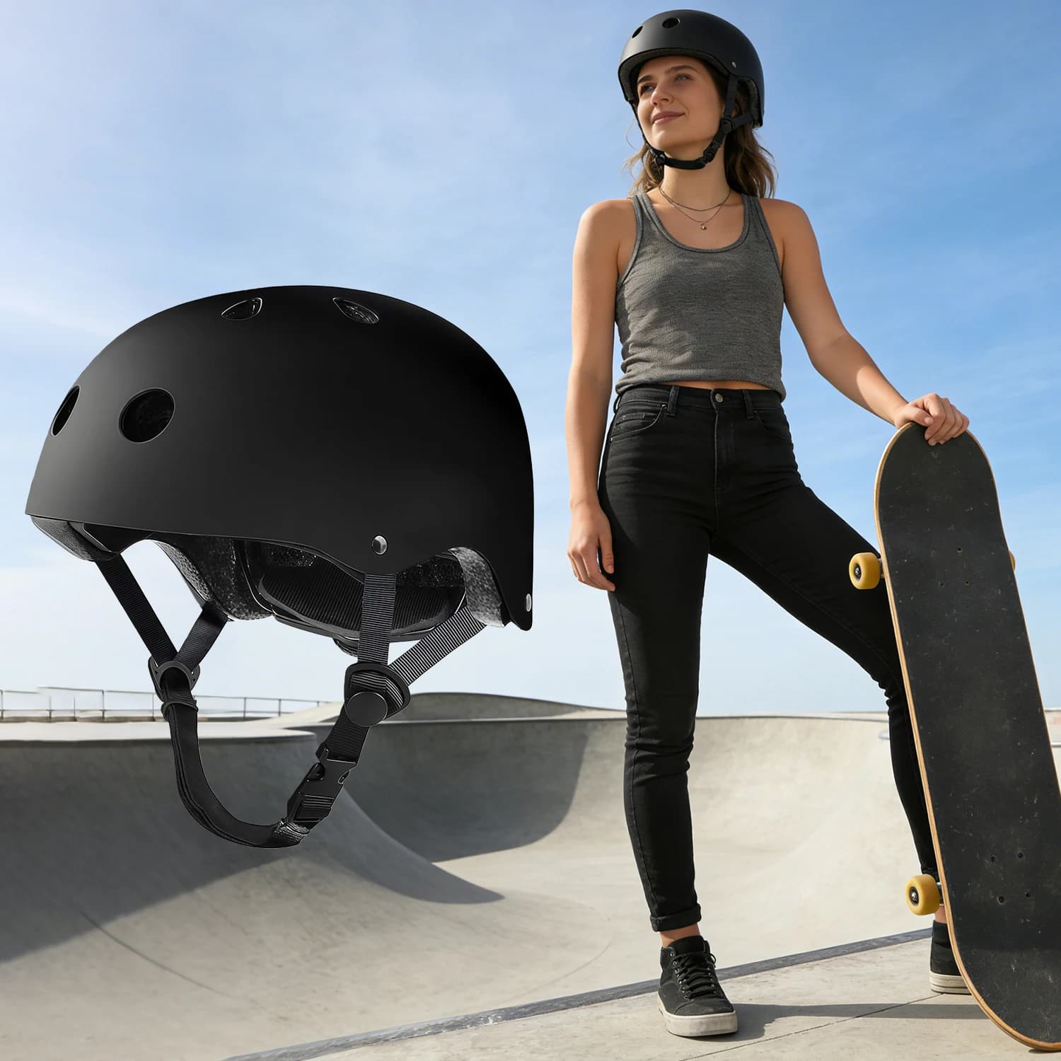 Casco da Skateboard e Bicicletta per Adulti Unisex, Taglia Regolabile, Casco Leggero, per Ciclismo e Skateboard, Verniciabile (Nero, Bianco)