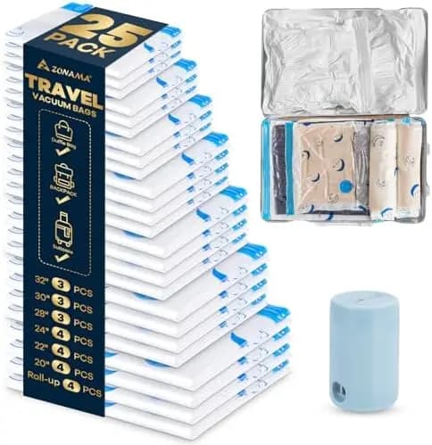 25 Sacchetti Sottovuoto da Viaggio Ricaricabili per Valigie e Stoccaggio - Essenziali per Risparmiare Spazio