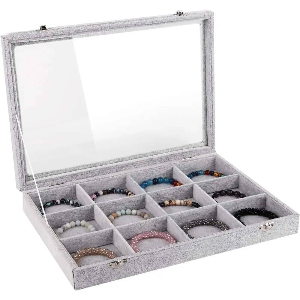 Bracelets with 12 griglie lined in grey velvet with transparent cover to store necklaces, bracelets and bracelets