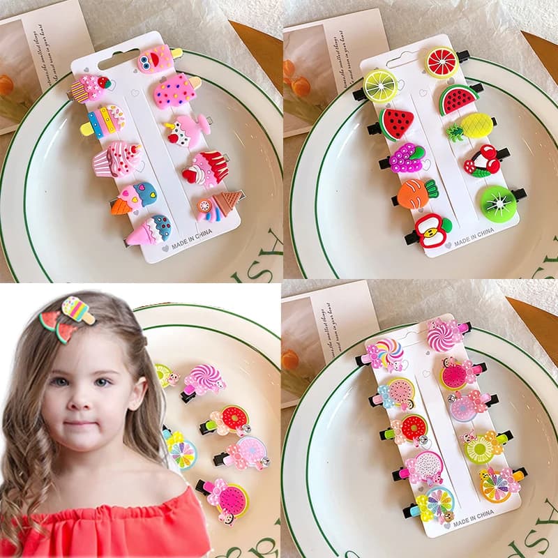 Girls Cute Hair Clips Candy Barrettes Fun Fruit Hair Accessories Cartoon Ice Cream Cloud Lollipop Hairpin 10Pcs
