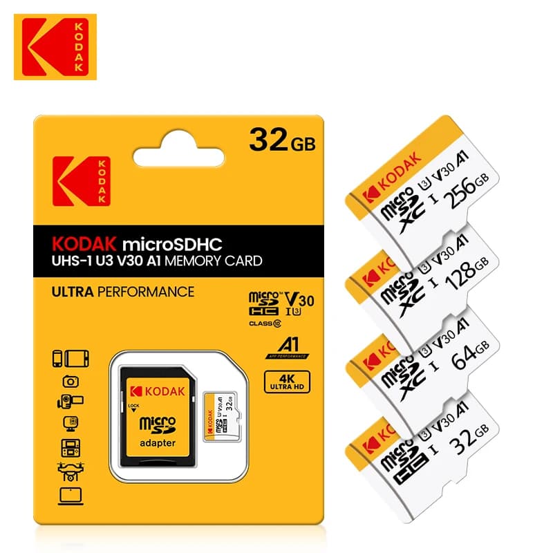 Scheda di Memoria Originale KODAK 64GB 128GB 256GB U3 4K Micro SD Card 32GB SDHC UHS-I C10 A1 V30 TF Trans Flash Microsd