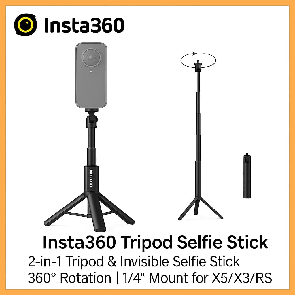 Bastone selfie treppiede Insta360 | Treppiede 2 in 1 e selfie stick invisibile | 360 ° Rotazione | Supporto da 1/4" per fotocamere X5 /X4/X3 / RS