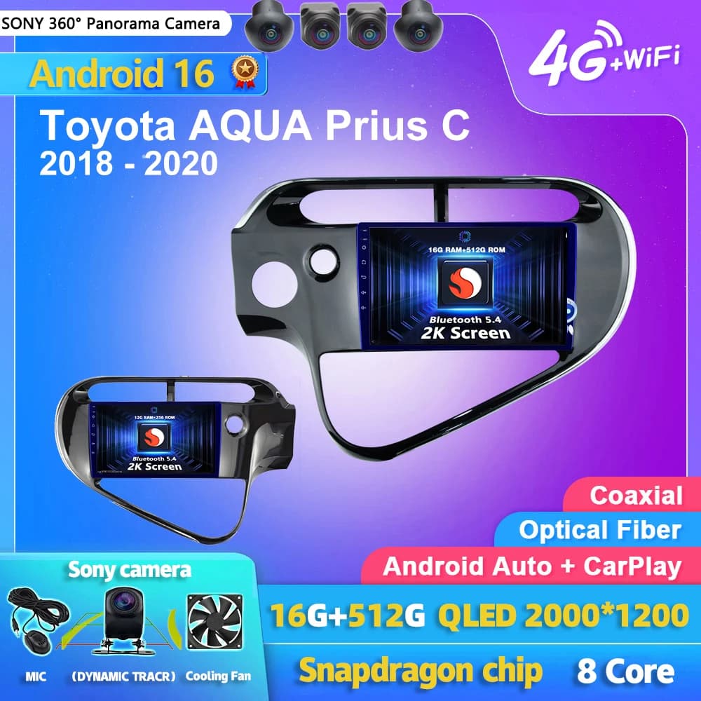 Autoradio Android 16 con Carplay e Auto, Lettore Multimediale per Toyota AQUA Prius C 2018 2019 2020, GPS Stereo 2din