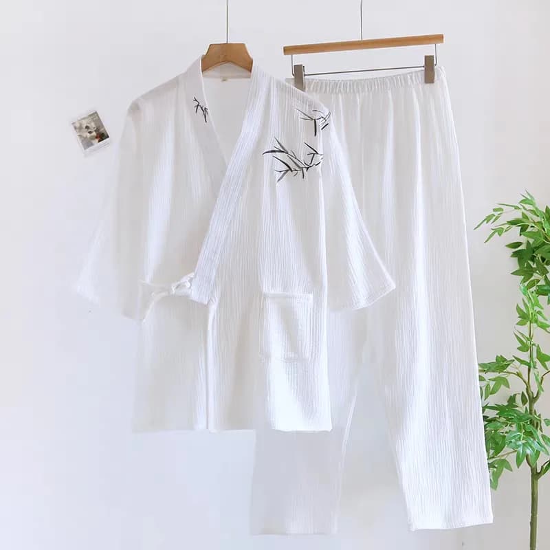 Pigiama da uomo in cotone ampio, stile kimono, con scollo a V, ricamato, comodo e morbido, per primavera e autunno