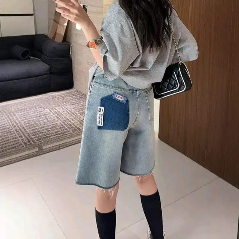 American Style High Waist Five Inch Shorts Women Summer Thin Color Block Pocket Large Size Pear Shape Body High Waist Jeans