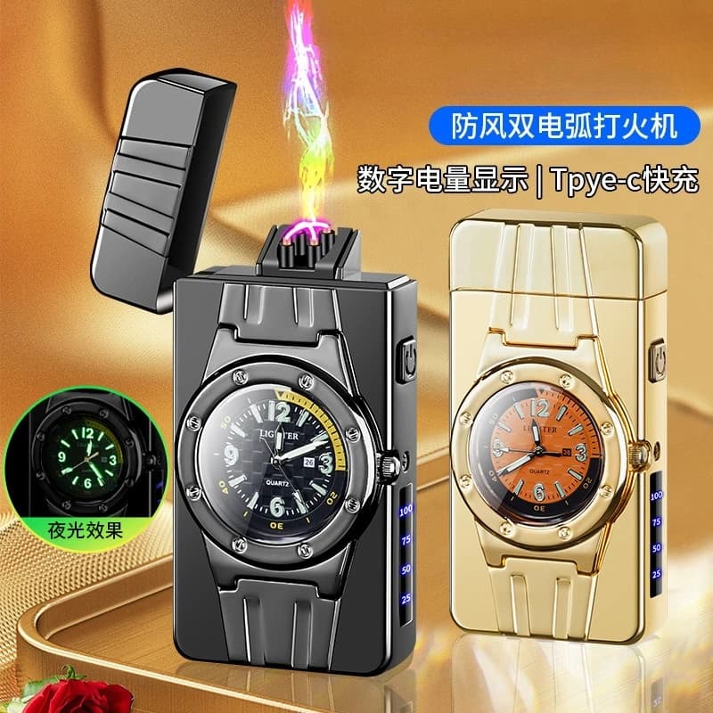 Accendino a doppio arco antivento con ricarica tramite orologio e luce notturna, display batteria, logo pubblicitario personalizzabile, all'ingrosso