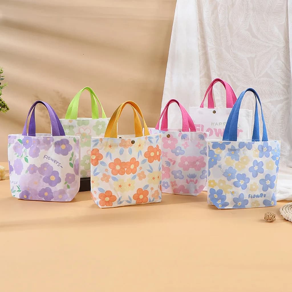 Floral Printed Canvas Lunch Bag Reinforced Handheld Tote Bag Portable Lunch Tote Sweet Women'S Lunch Handbag For School Work