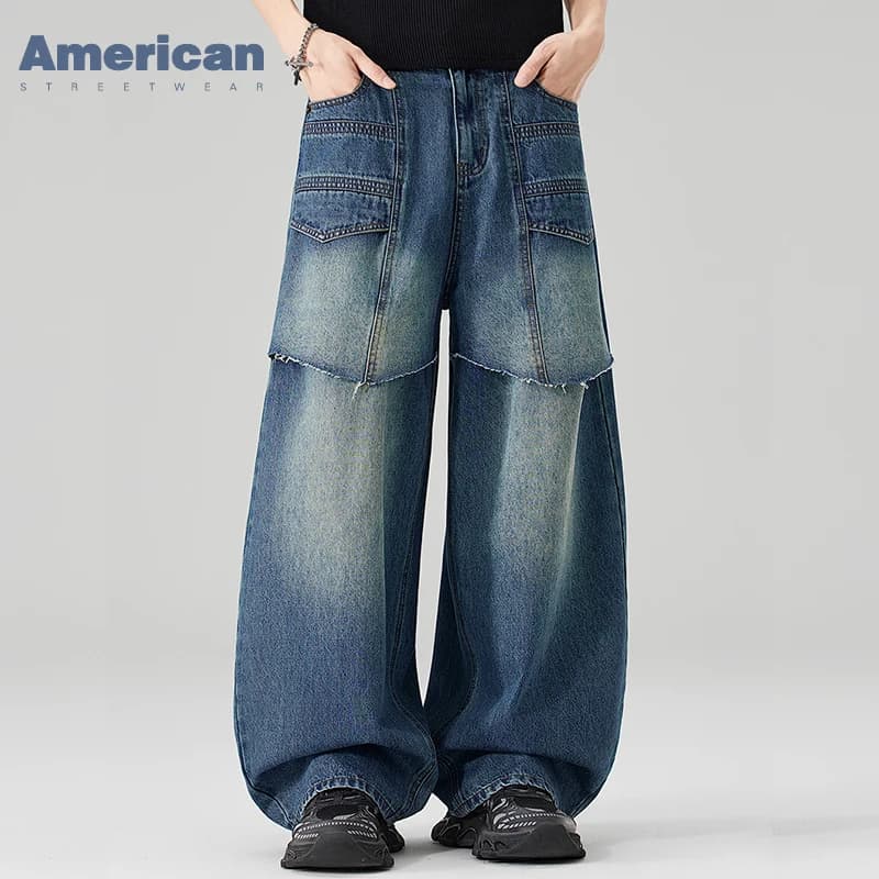 Pantaloni Baggy Scimitar da Uomo, Jeans Hip Hop Rock per Tutte le Stagioni, Gamba Larga, Design Irregolare, in Cotone, Denim Vintage Lavato