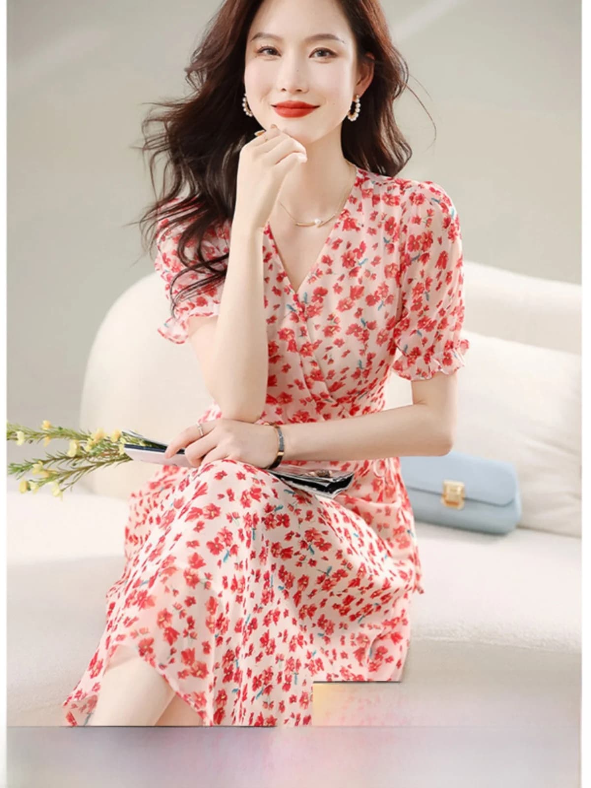 Floral Print Chiffon Dress Women's Fashion Summer 2026 Miniature Trendy Elegant Midi Skirt Korean Style High Waist Short Sleeve