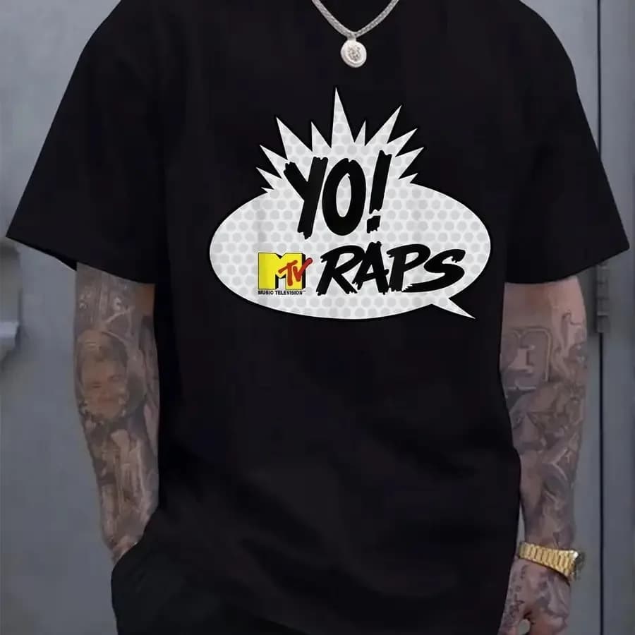 T-shirt con logo Yo Raps Hip Hop Music - Maglietta oversize nera streetwear con stampa iconica del marchio rap, in cotone leggero e traspirante