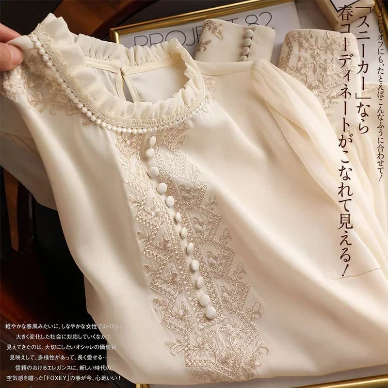 New Women's Embroidered Shirts Women's Embroidered Shirts With Chiffon Sleeves Fashion Blue Mujer