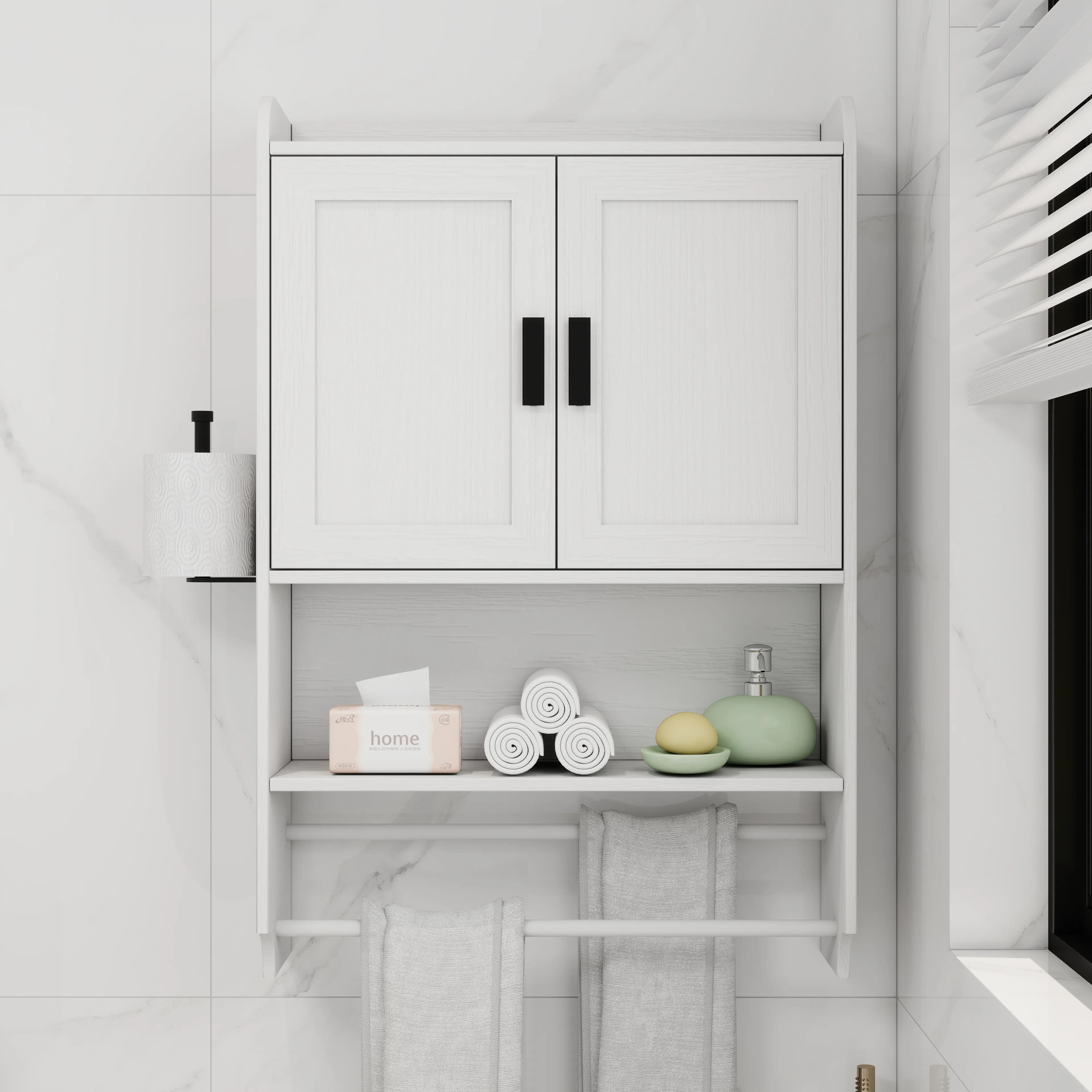 Mobiletto da bagno a parete con ante, ripiano regolabile, portasciugamani e porta carta igienica, contenitore sopra il WC, bianco, facile da montare