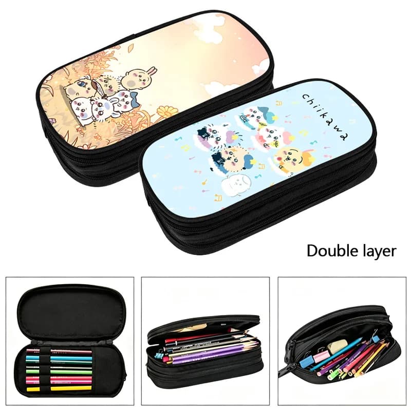 Anime Chiikawas Pencil Case Cute Girls Pen Box Large Stationery Storage Pouch School Supplies Double Layers Zipper Pencil Bags