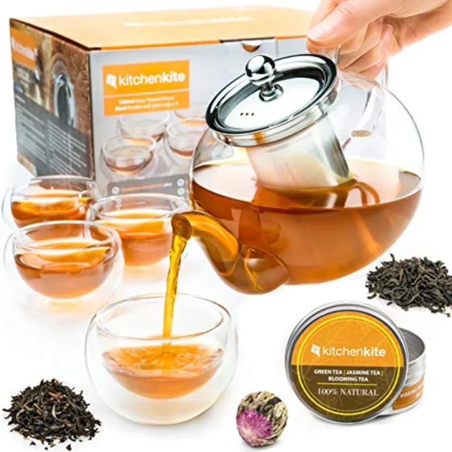 Set Teiera in Vetro con 4 Tazze a Doppia Parete e Infusore Rimovibile in Acciaio Inox, 1000ml, Bollitore in Vetro Borosilicato per Piano Cottura