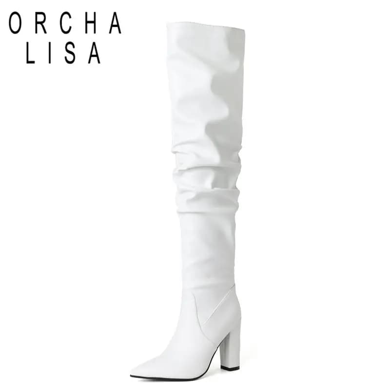 ORCHA LISA Fashion Female Thigh Boots Pointed Toe Chunky Heels 10cm Pleated Slip On Large Size 42 43 Sexy Party Dating Booties