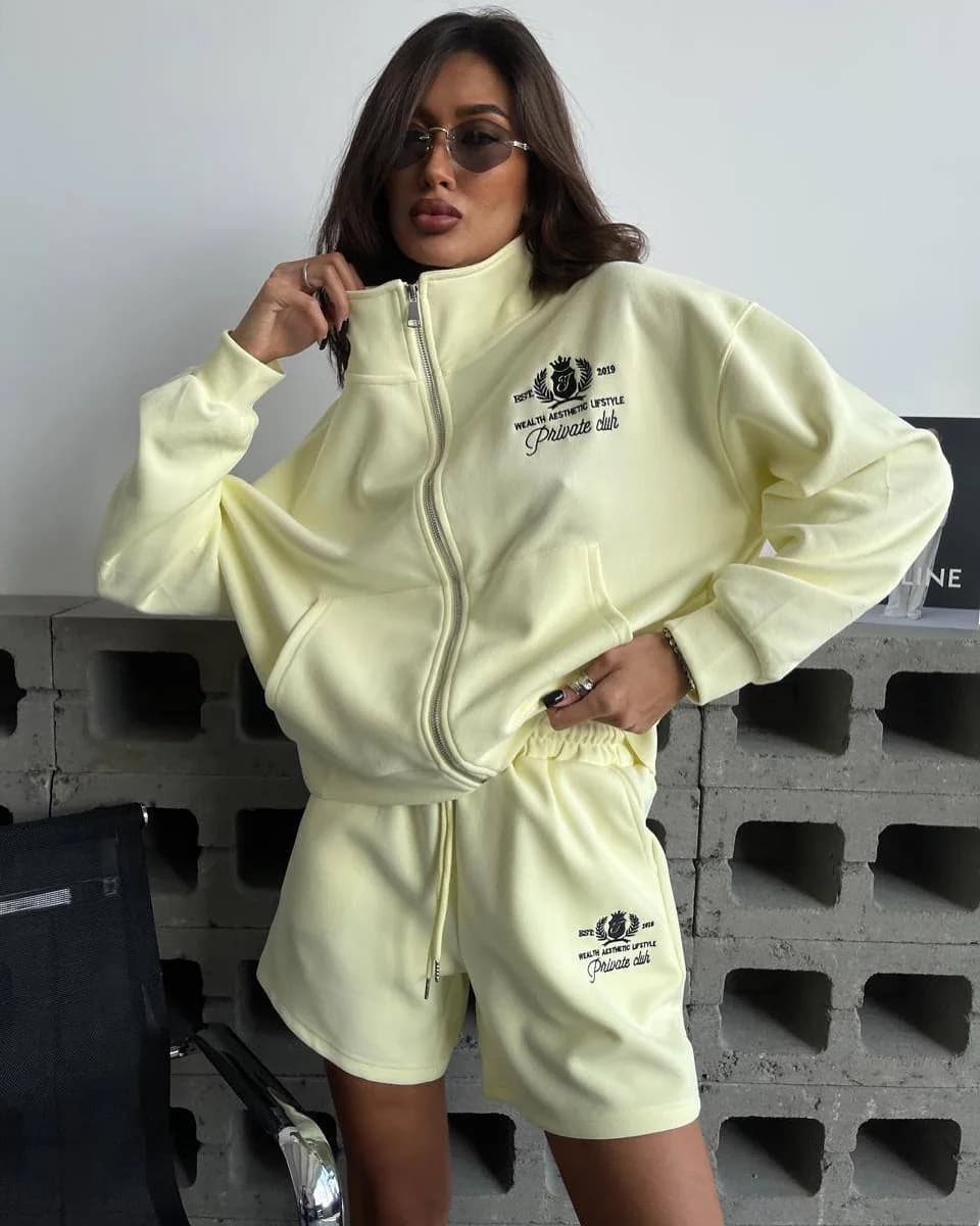Spring Embroidery Sweatsuit Shorts Suit Women Long Sleeves Zipper Sweatsuit+high Waist Drawstring Shorts Autumn Two Piece Set