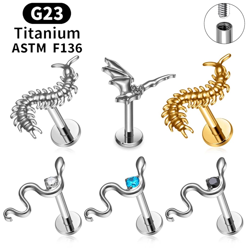 ASTM F136 Titanio Gotico Centipede Cartilagine Orecchino Punk 16G Serpente Labret Stud Helix Trago Conch Snug Orecchio Piercing Gioielli