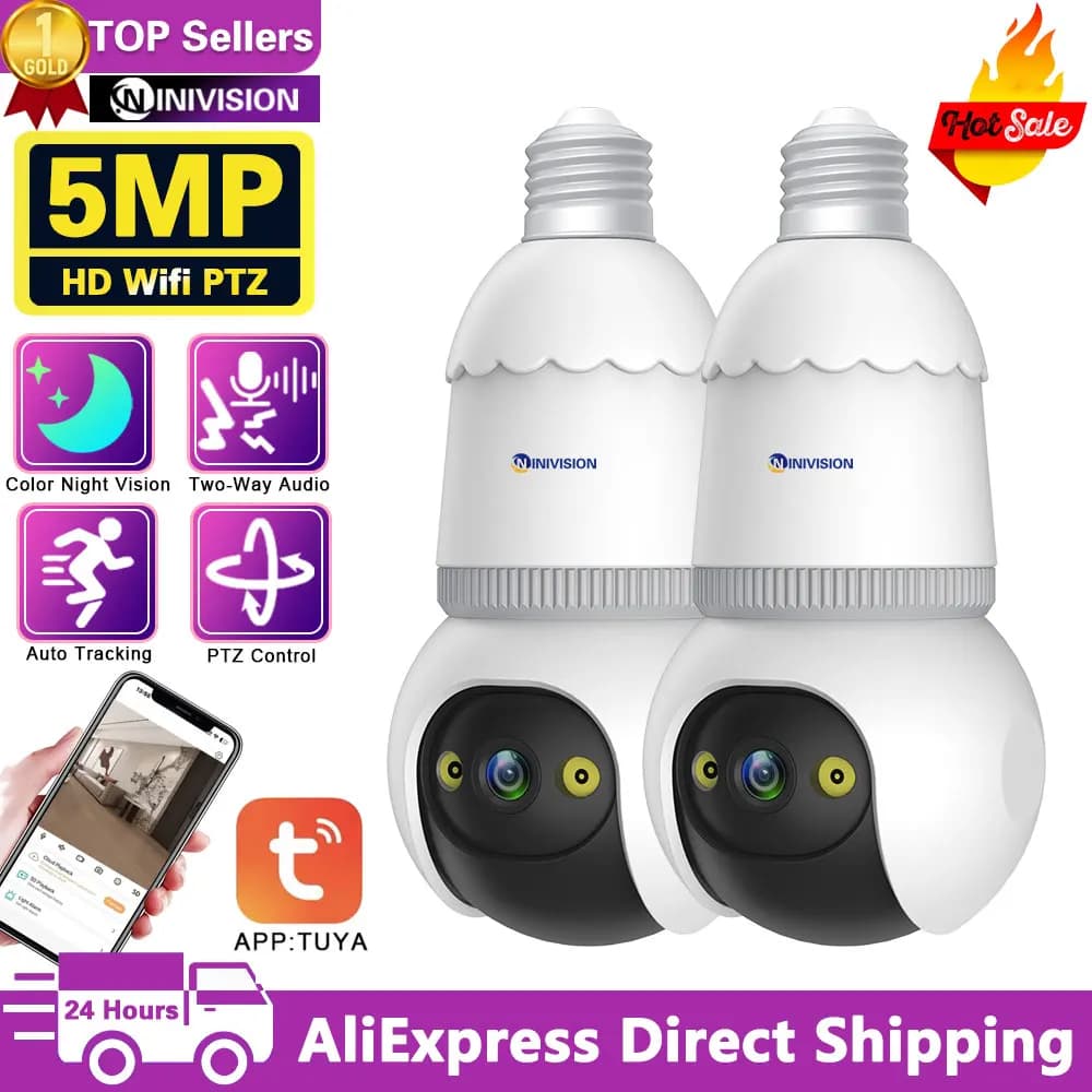 5MP Tuya E27 Wifi Lampadina Telecamera Audio bidirezionale Home Smart Life Wireless PTZ CCTV Telecamera di sicurezza Monitoraggio automatico Baby Monitor