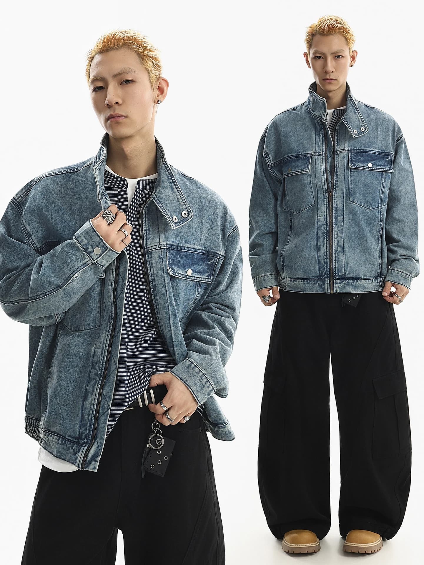BETEBULE Giacca di Jeans Corta Casual Stile Americano per Uomo, Moda Primaverile con Multi Tasche e Colletto Rialzato