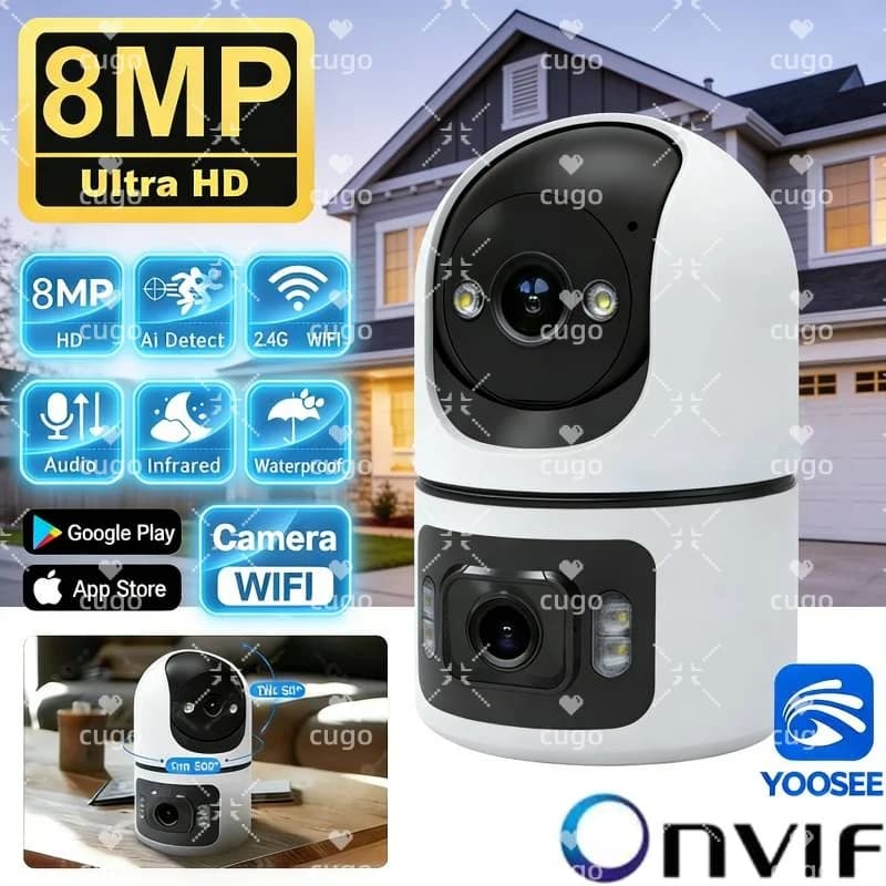 Telecamera IP WiFi 8MP a Doppia Lente, Monitor per Bambini con Supporto Regolabile, Telecamere di Sorveglianza Wireless di Sicurezza, Onvif, Zoom 10X, Mini Cam