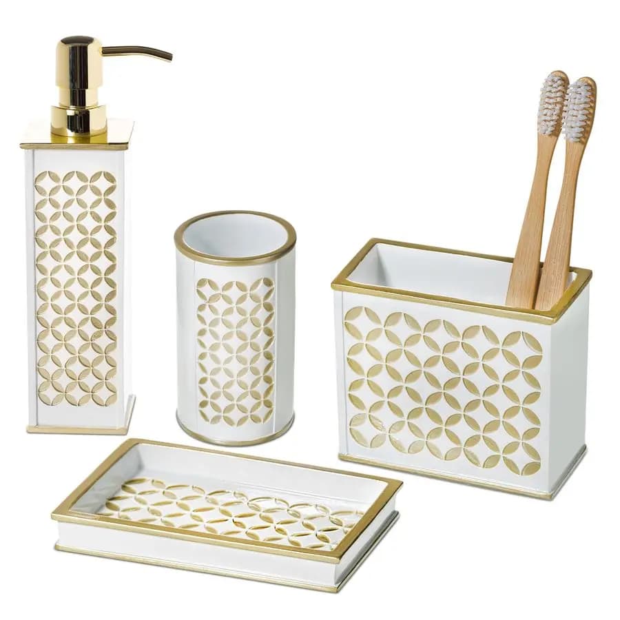 Set di Accessori per Bagno Decorativi a Reticolo di Diamanti Bianchi, Set di 4 Pezzi Include Dispenser Sapone, Portaspazzolino