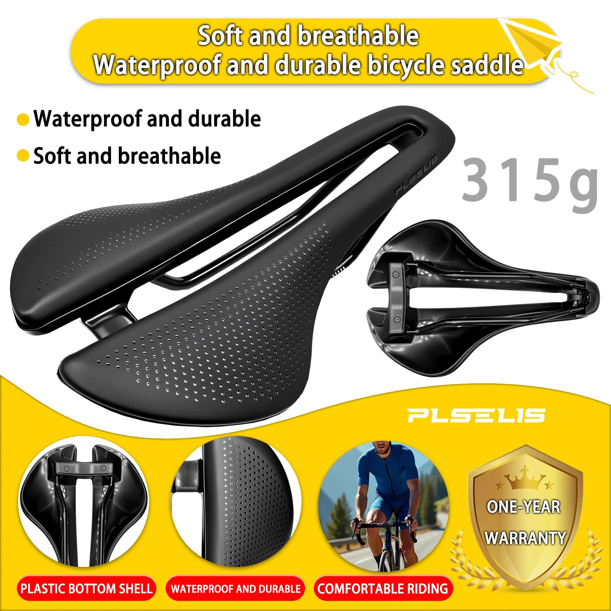 Sedile per bici da strada in spugna morbida Plselis, sedile per bici leggero e impermeabile, attrezzatura per sella per bicicletta con peso di 315 g.