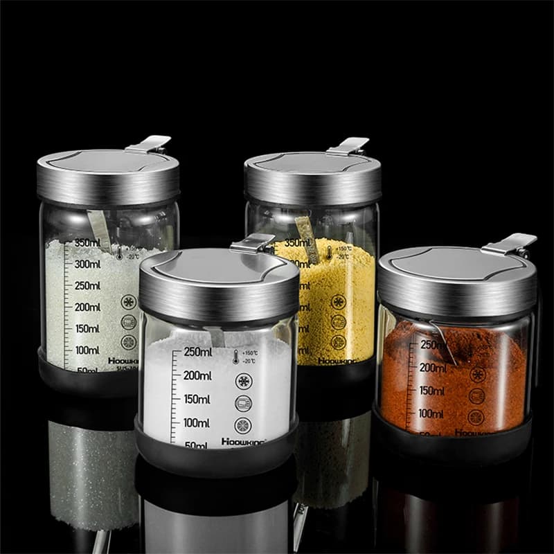 1pc Spezie Barattolo di condimento in vetro con cucchiaio Zuccheriera Saliera Contenitore per condimenti Forniture da cucina Set di stoccaggio Scatole per spezie
