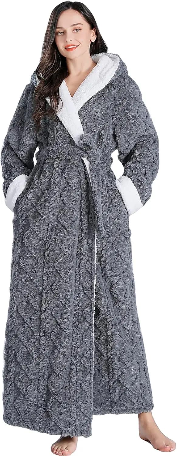 Accappatoio Lungo in Peluche con Cappuccio per Donna, Vestaglia Calda in Pile per Casa