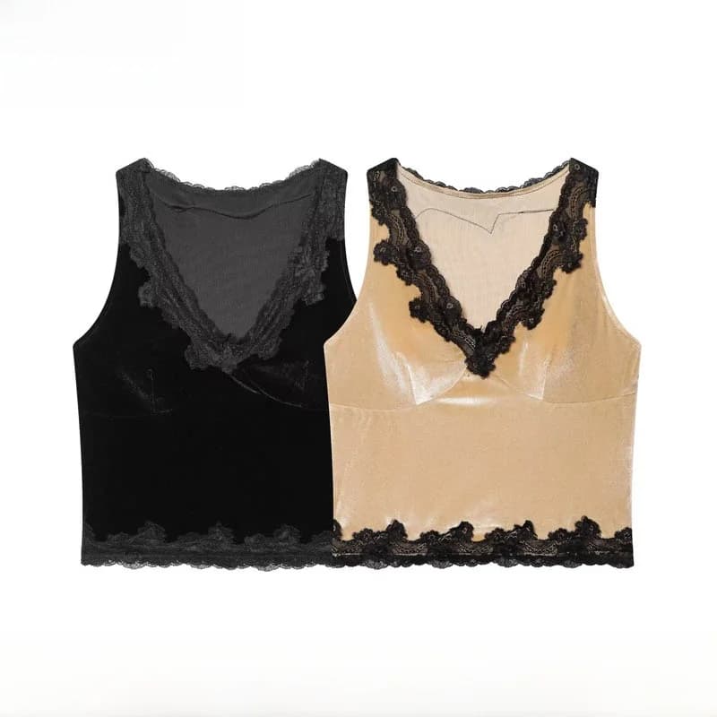 Nuova Collezione Primavera-Estate: Top Corto in Velluto con Pizzo per Donna, Stile ZR Versatile, Abbigliamento Interno alla Moda con Scollo a V in Poliestere