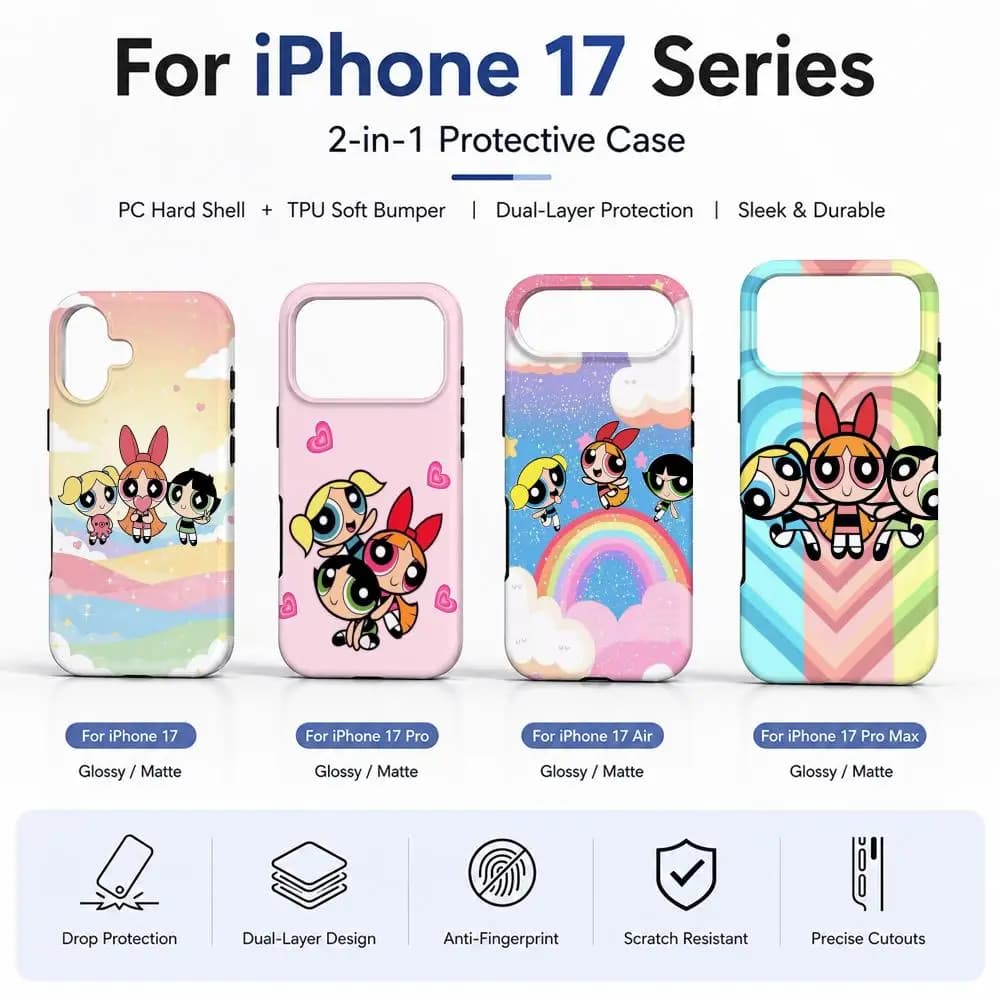 Anime P-Powerpuff Girls Phone Case Film material 2-in-1 Shell FOR IPhone 17 16 15 14 12 17Air 16e 13 Pro MAX 16Plus Cover