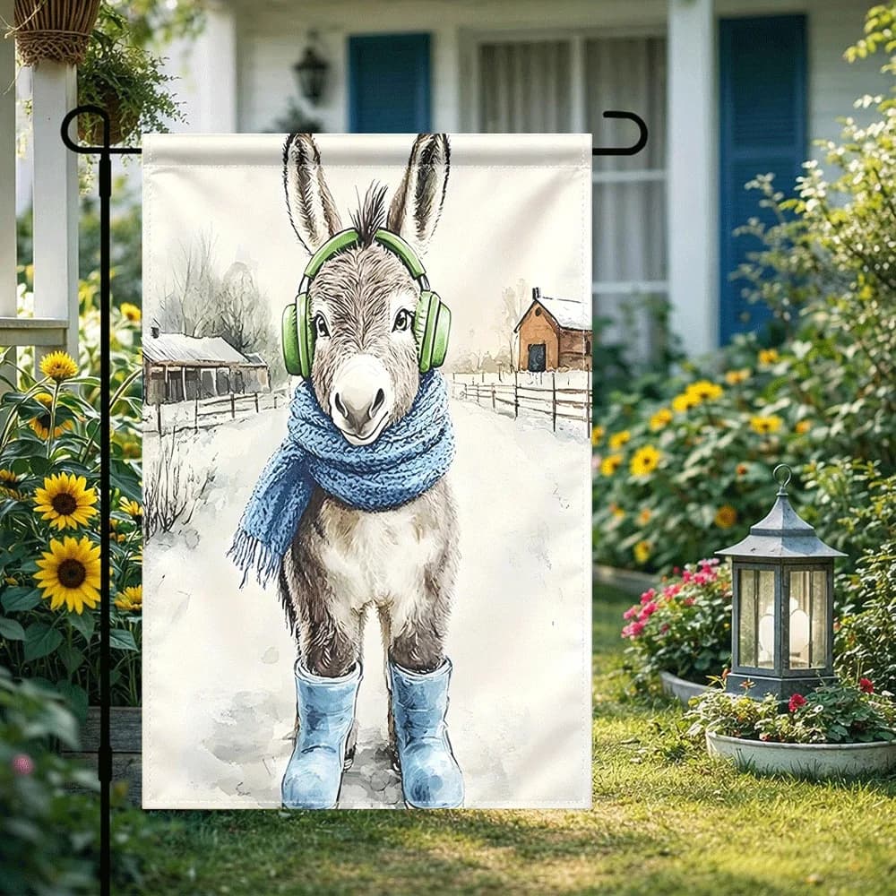 Bandiera da Giardino Invernale con Asino, 1 Pezzo, Simpatico Animale con Cuffie, Sciarpa e Stivali Stampati, Bandiera da Esterno per Giardino, Stile Fattoria Innevata