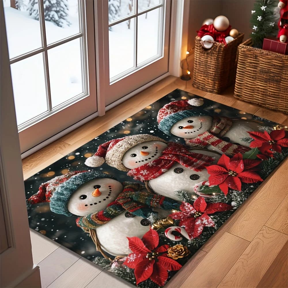Christmas Snowman Poinsettia Door Mat patio sliding door laundry kitchen service area villa household decorative floor rug