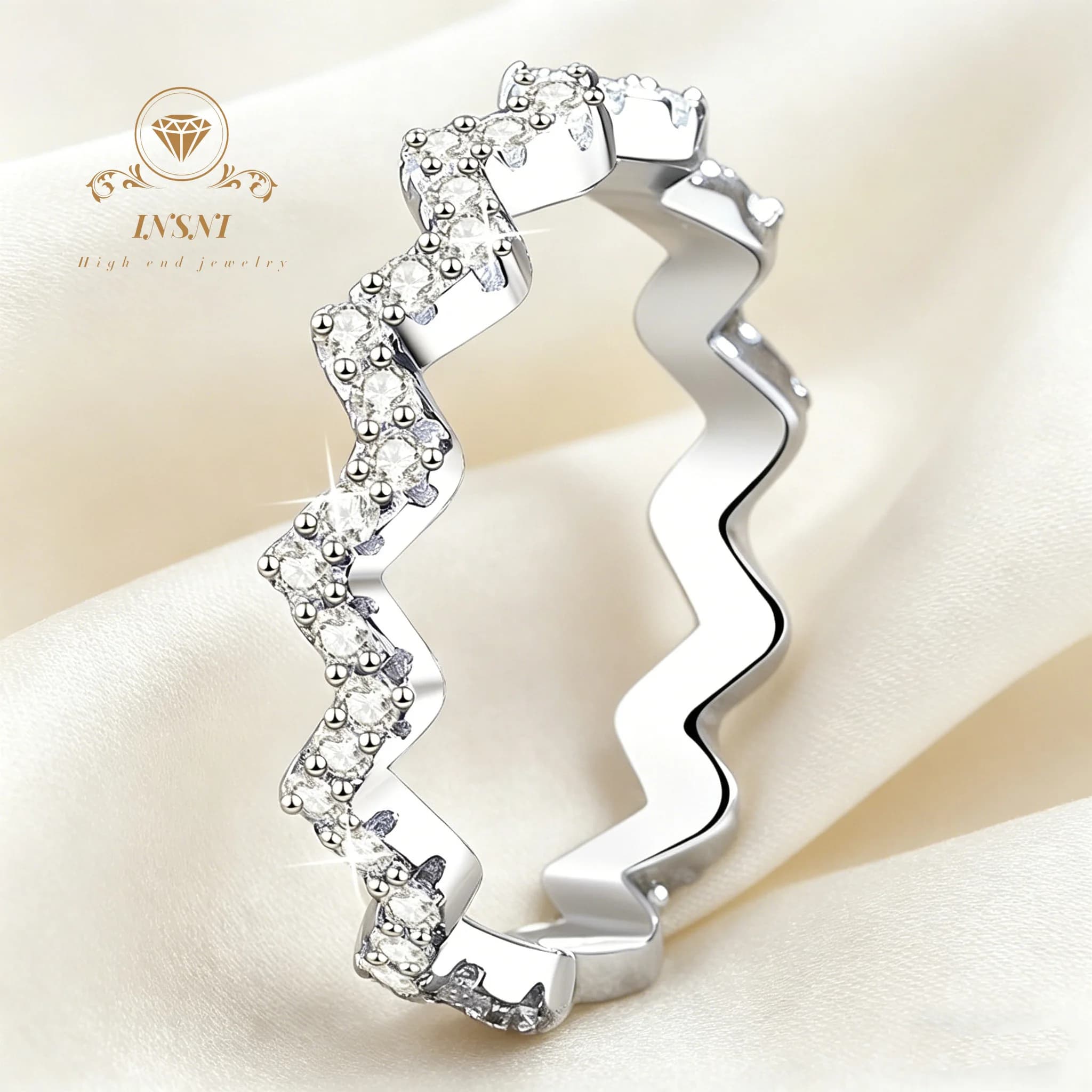 Anello Semplice in Argento S925 con Moissanite, Anello a Onda con Diamanti, Versatile e Elegante, Gioiello di Lusso Accessibile