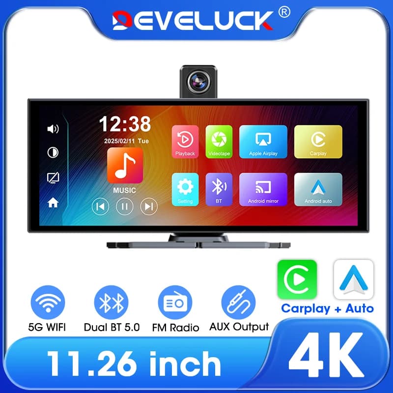 Develuck 11.26 "Wireless CarPlay Android Auto 4K Dash Cam Navigazione GPS Auto DVR Bluetooth Audio FM AUX Cruscotto Videoregistratore