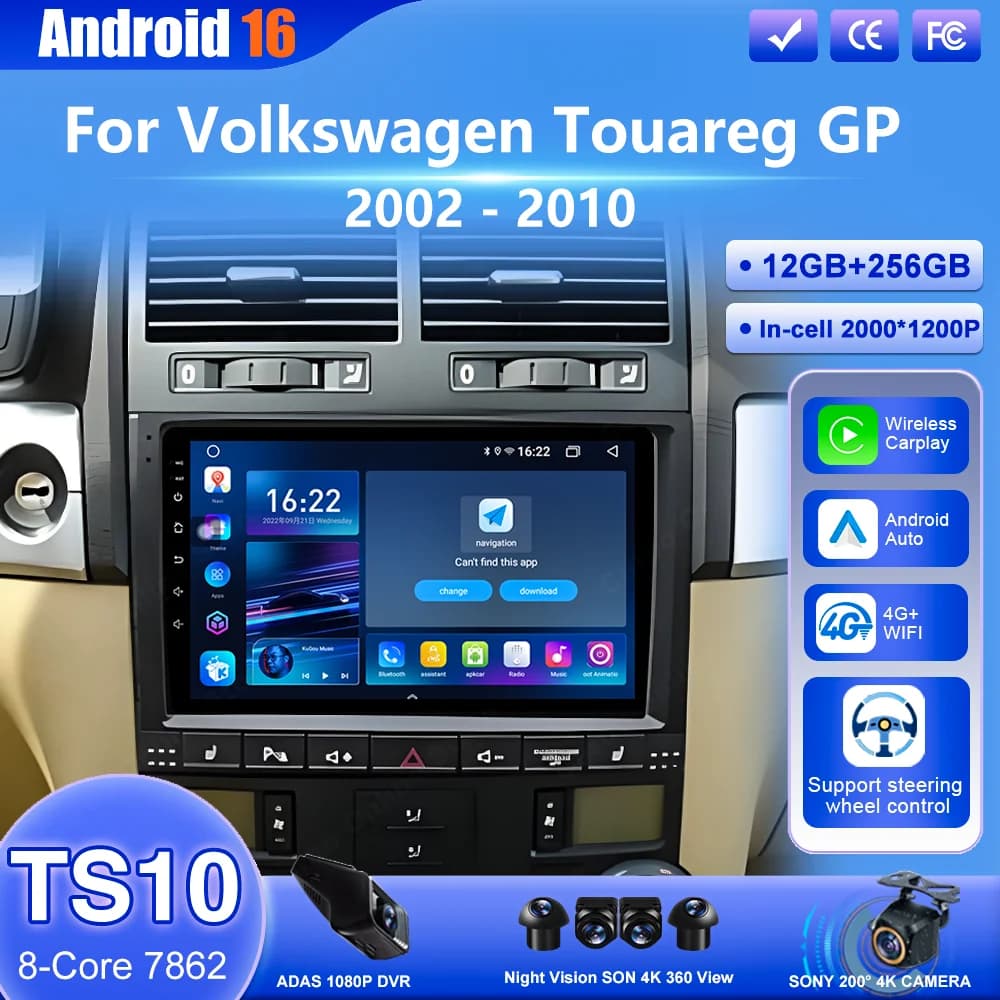 Autoradio Android 16 per Volkswagen Touareg GP 2002 - 2010, Carplay Wireless, Multimedia, Video, 4G, Navigazione GPS, QLED