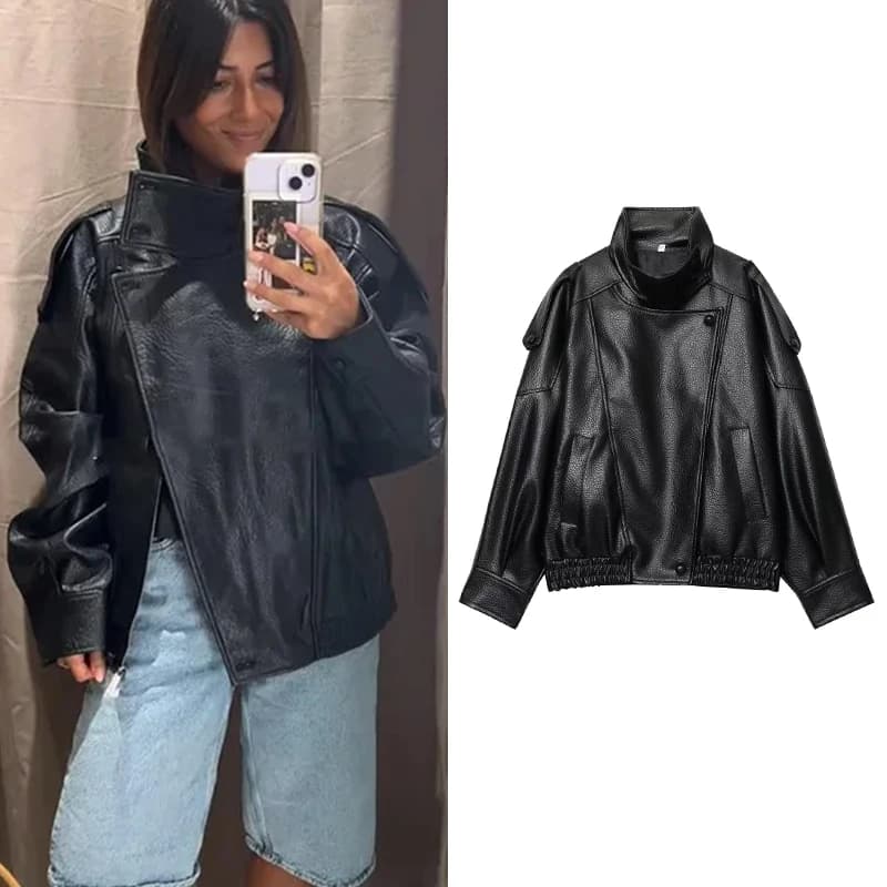 TFMLN Chic Black Ecopelle Women's Jackets Long Sleeves Elastic Coats Oversize Fashion 2025 Autumn Winter Streetwear