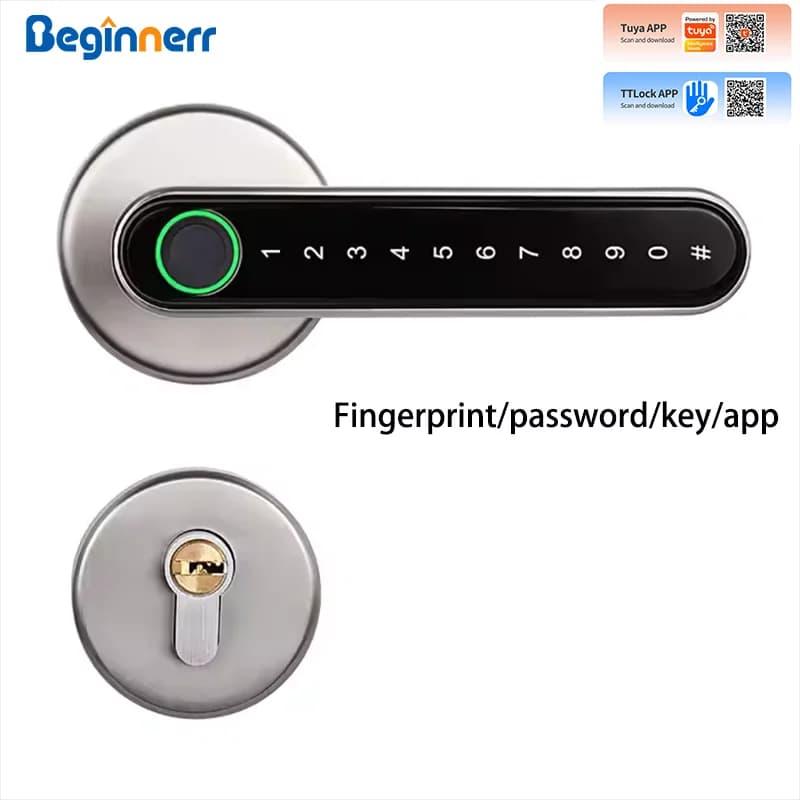 Serratura smart con leva separata per porte, compatibile con Ttlock Tuya BLE, mortasa Euro 72mm 85mm, biometrica con impronta digitale, password e chiave, maniglia per porta