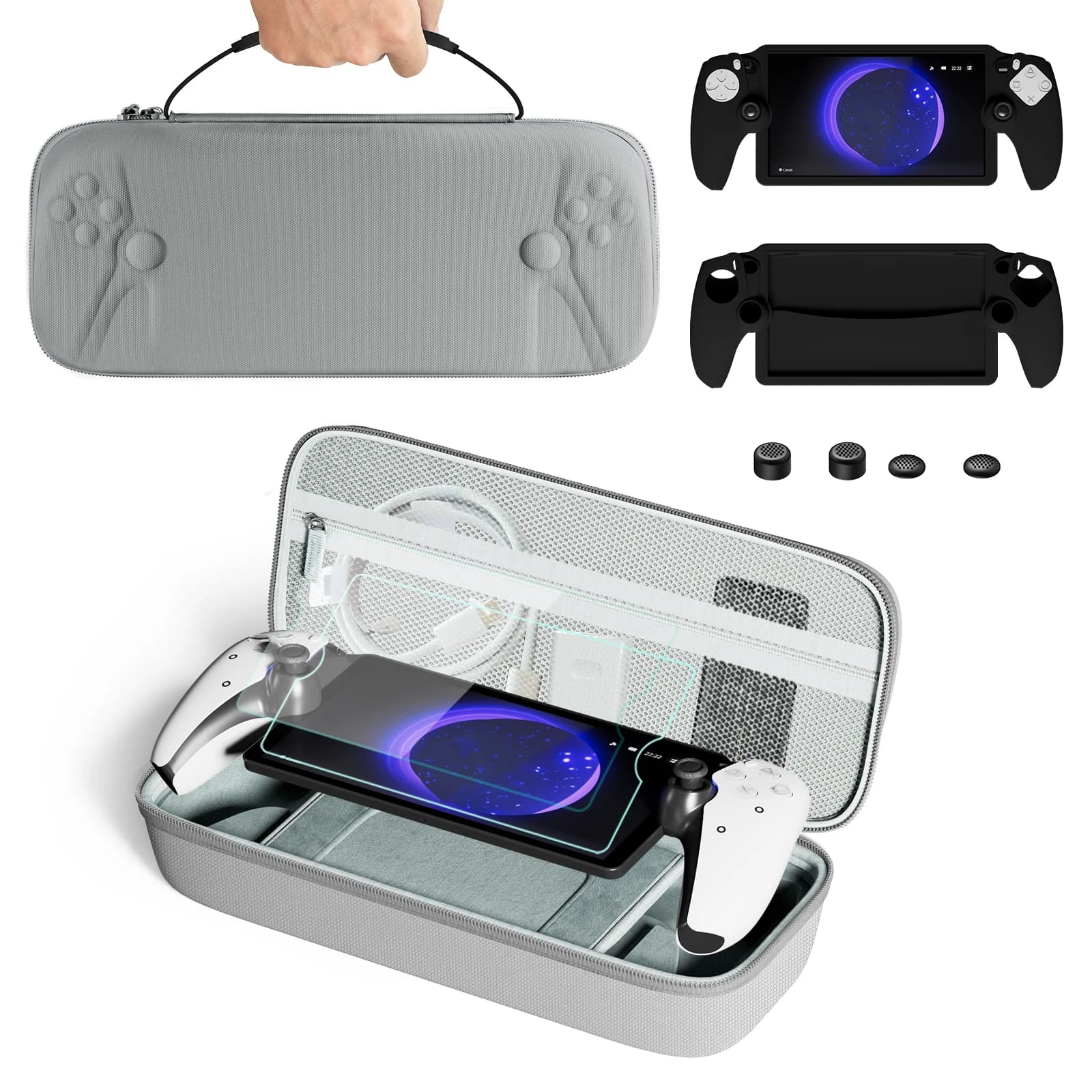 Accessori 8 in 1 per PlayStation Portal – Custodia da trasporto per PS5, Custodia protettiva in silicone, 2 protezioni per lo schermo e 4 impugnature per il pollice