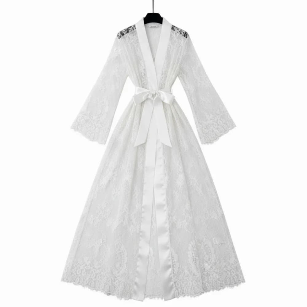 Elegant Long Sleeve Long Lace Robes Hollow Out Ultra-thin Lady Pajamas Nightdress Transparent Bridal Robe Valentine's Day