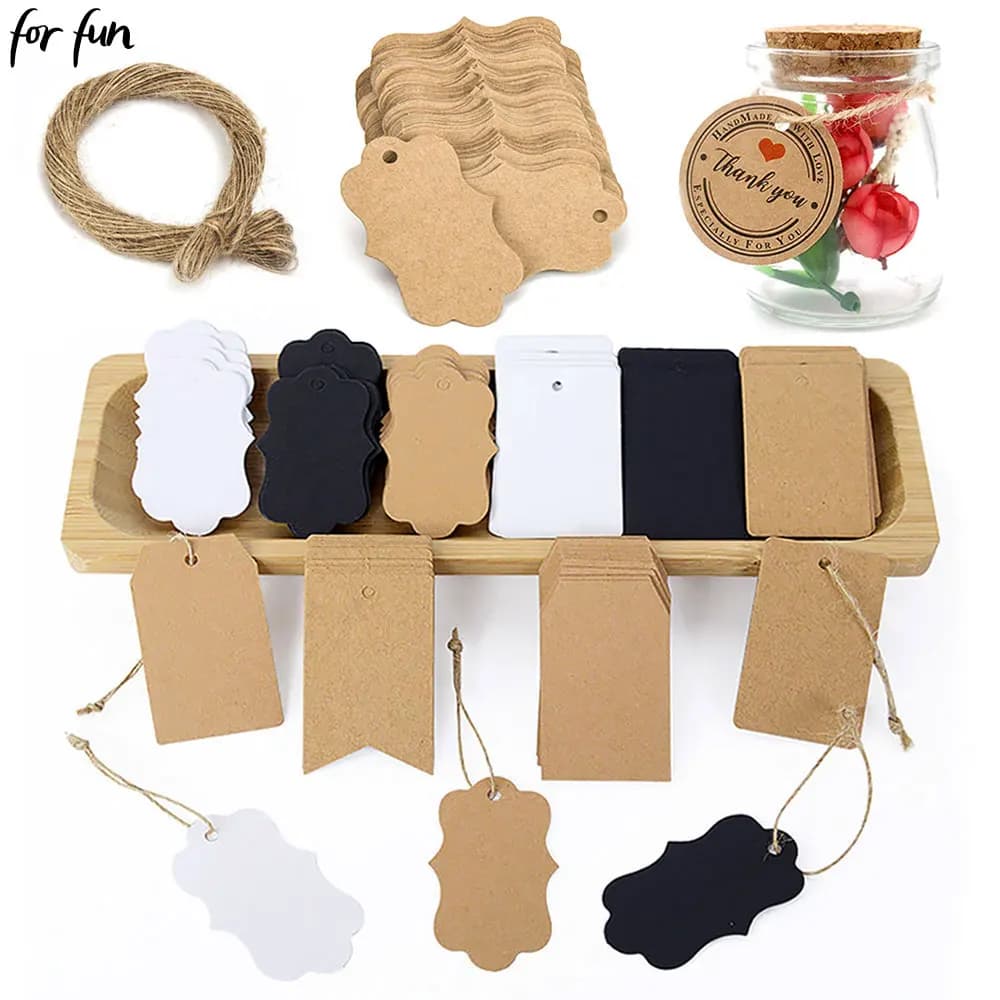 Per divertimento 100 etichette di carta Kraft con corde etichetta da appendere per indumenti fatta a mano confezione regalo per festa di nozze cottura carta da appendere fai da te