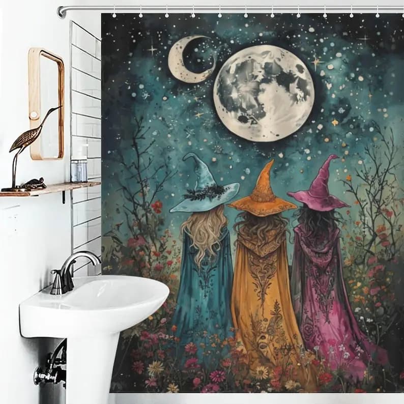 Witchy Whimsygoth Shower Curtain - Moody Edgy Enchanted Moon, Boho Witches Home Decor