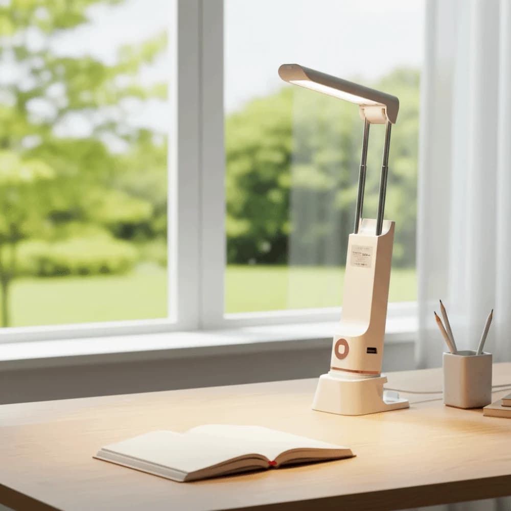 Lampada da Tavolo LED 4-in-1 Multifunzione Ricaricabile con Supporto per Telefono, Torcia Pieghevole e Protezione per gli Occhi