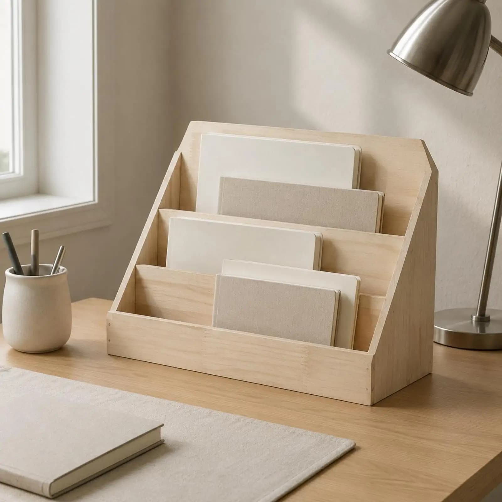 Retro Solid Wood File Rack Desktop Storage Organizer for Letters Folders Notebooks Pencils Pens Office Desk